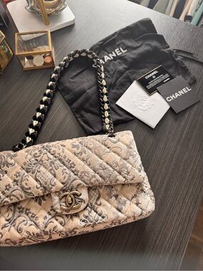 CHANEL Rare Gorgeous Beige and Black Floral Quilted Mini Flap Bag